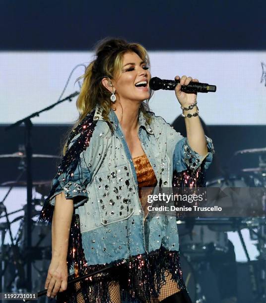 Singer Shania Twain performs during her "Let's Go!" The Las Vegas Residency launch at Zappos Theater at Zappos Theater at Planet Hollywood Resort &...