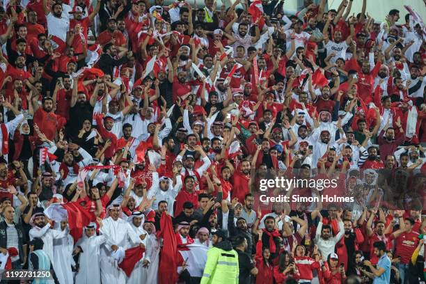 Bahrain fans during the Gulf Cup final between Bahrain and Saudi Arabia at the Abdullah bin Khalifa Stadium on December 8 2019 in Doha, Qatar.