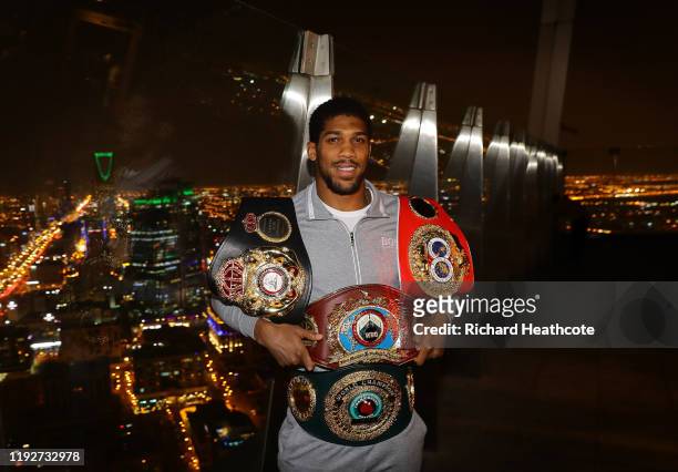Two time Heavyweight Champion of the World, Anthony Joshua, poses for pictures overlooking Riyadh after the IBF, WBA, WBO & IBO World Heavyweight...