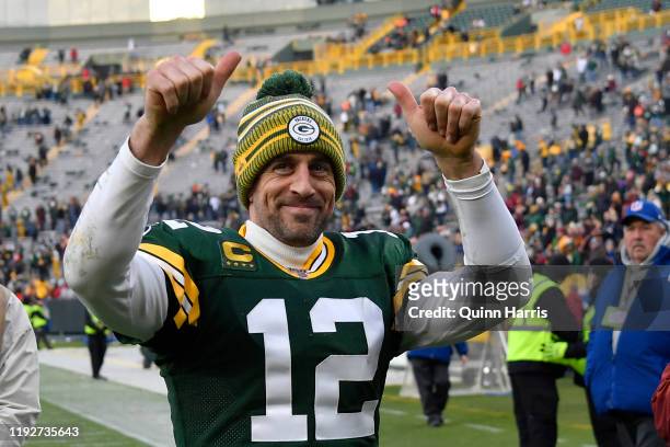 Aaron Rodgers of the Green Bay Packers reacts after getting the win against the Washington Redskins at Lambeau Field on December 08, 2019 in Green...