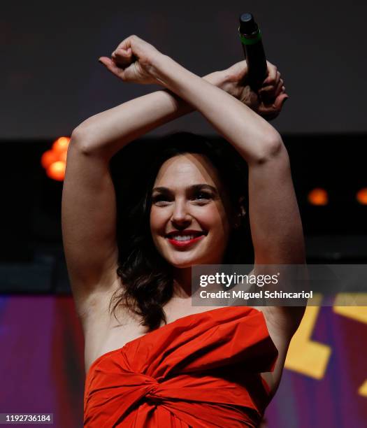 Actress Gal Gadot participates in the Warner Bros. Theatrical Panel for "Wonder Woman 1984" during CCXP 2019 Sao Paulo at Sao Paulo Expo on December...