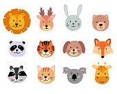 Cute animal hand drawn faces set on white background. Cartoon characters of lion, giraffe, deer, koala, bear, cat, bunny, fox, raccoon, tiger, dog, panda.
