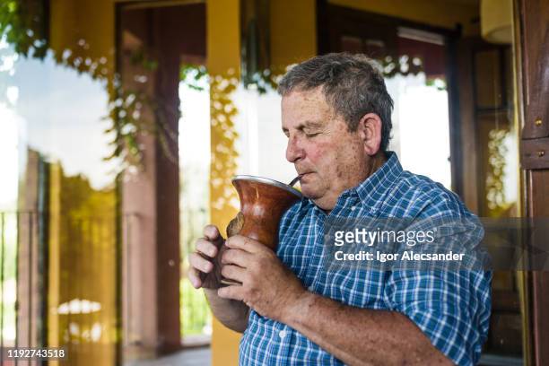 hombre mayor bebiendo yerba mate - yerba mate fotografías e imágenes de stock