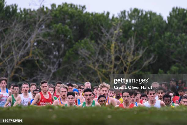 Athletes compete during the U2O Men's race of the SPAR European Cross Country Championships at the Parque da Bela Vista on December 08, 2019 in...