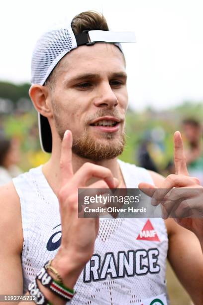 Jimmy Gressier of France reacts after the U23 Men's final race of the SPAR European Cross Country Championships at the Parque da Bela Vista on...