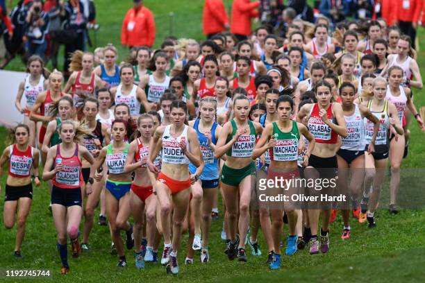 Athletes compete during the U2O Women race of the SPAR European Cross Country Championships at the Parque da Bela Vista on December 08, 2019 in...