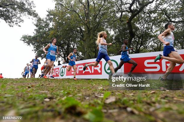 Athletes compete during the U23 Men's race of the SPAR European Cross Country Championships at the Parque da Bela Vista on December 08, 2019 in...