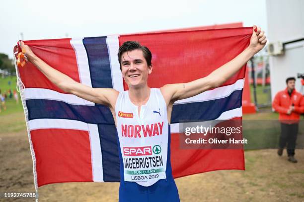 Jakob Ingebrigtsen of Norway reacts after the U2O Men´s final race of the SPAR European Cross Country Championships at the Parque da Bela Vista on...