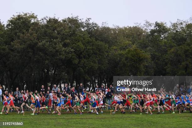 Athletes compete during the U2O Men's race of the SPAR European Cross Country Championships at the Parque da Bela Vista on December 08, 2019 in...