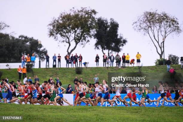 Athletes compete during the U2O Men's race of the SPAR European Cross Country Championships at the Parque da Bela Vista on December 08, 2019 in...