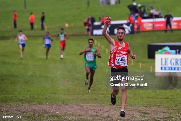 Ayetullah Aslanhan of Turkey reacts during the U2O Men's race of the SPAR European Cross Country Championships at the Parque da Bela Vista on...