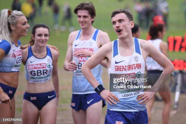 Team of Great Britain reacts after the finishing in the Senior Relay Mixed race at the SPAR European Cross Country Championships at the Parque da...