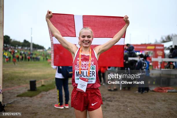 Anna Emilie Moller of Denmark reacts after the U23 Women final race of the SPAR European Cross Country Championships at the Parque da Bela Vista on...