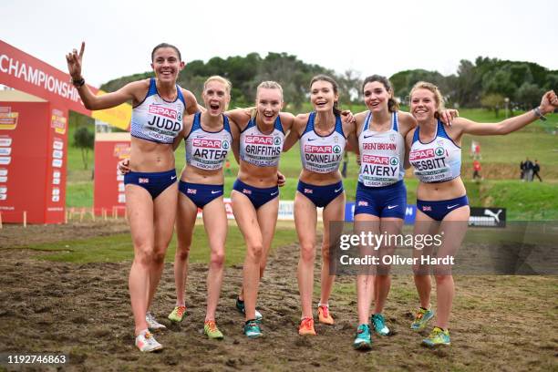 Jessica Judd, Charlotte Arter, Amy Griffiths, Abbie Donnelly, Kate Avery and Jenny Nesbitt reacts after her finished the Senior Women race of the...