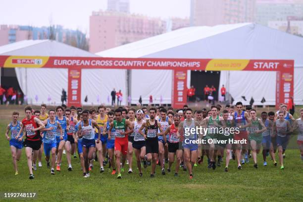 Athletes compete during the U23 Men's race of the SPAR European Cross Country Championships at the Parque da Bela Vista on December 08, 2019 in...