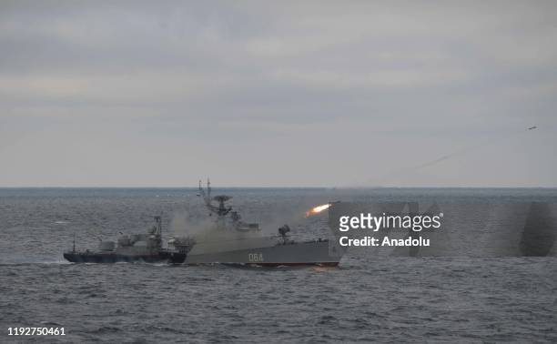 Russian cruiser fire missiles during the naval exercise in the Black Sea on January 09, 2020. The drills involved warships from Russias Black Sea...