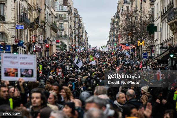 About 50000 people were protesting on 9 January 2020 in Paris, France, for the fourth demonstration, since the beginning of the national strike in...