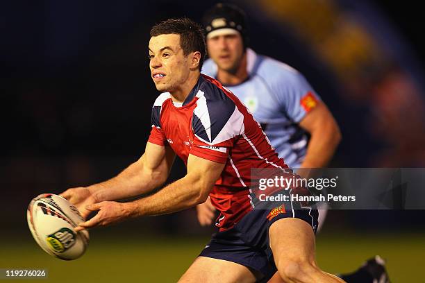 James Marshall of Tasman passes the ball out during the round one ITM Cup match between Northland and Tasman at Toll Stadium on July 16, 2011 in...