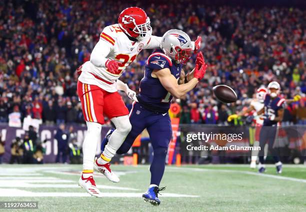 Bashaud Breeland of the Kansas City Chiefs breaks up a touchdown pass intended for Julian Edelman of the New England Patriots during the fourth...