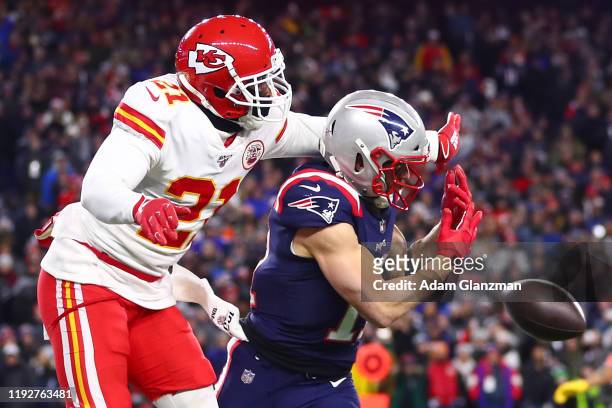 Bashaud Breeland of the Kansas City Chiefs breaks up a touchdown pass intended for Julian Edelman of the New England Patriots during the fourth...