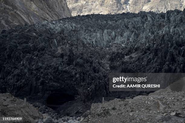 This picture taken on June 28, 2019 shows a general view of the black Shisper glacier in the Karakoram mountain range of Pakistan's Gilgit-Baltistan...