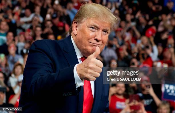 President Donald Trump arrives for a "Keep America Great" campaign rally at Huntington Center in Toledo, Ohio, on January 9, 2020.