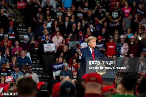 President Donald Trump speaks at a "Keep America Great" campaign rally at the Huntington Center on January 9, 2020 in Toledo, Ohio. President Trump...