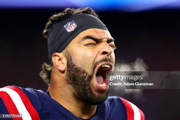 Kyle Van Noy of the New England Patriots yells during the second half against the Kansas City Chiefs in the game at Gillette Stadium on December 08,...