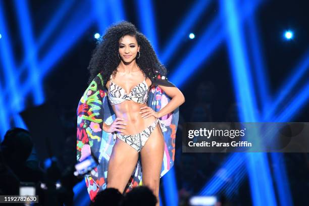 Miss USA Cheslie Kryst competes in the swimsuit competition during the 2019 Miss Universe Pageant at Tyler Perry Studios on December 08, 2019 in...