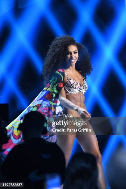 Miss USA Cheslie Kryst competes in the swimsuit competition during the 2019 Miss Universe Pageant at Tyler Perry Studios on December 08, 2019 in...