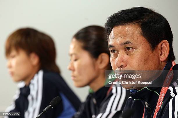 Aya Miyama, Homare Sawa and Head coach Norio Sasaki of Japan attend the Japan Women's national team press conference at FIFA World Cup Stadium...