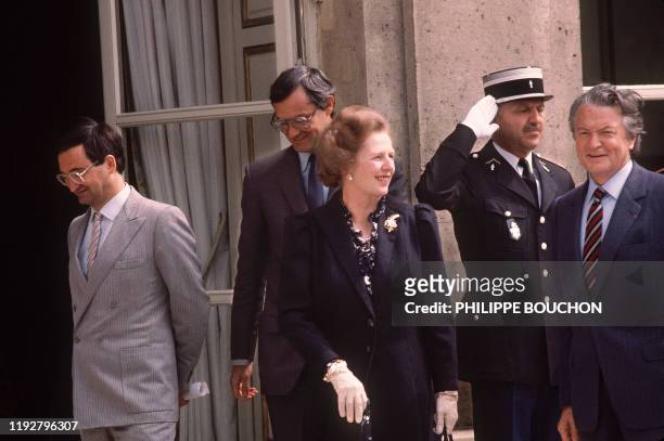 French Foreign Affairs Minister Roland Dumas meets British Prime Minister Margaret Thatcher, on May 4,1984 at Paris as part of the bilateral...