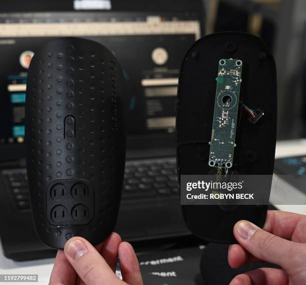 Connected soccer shinguards from Italian startup Soccerment are displayed January 9, 2020 at the Consumer Electronics Show in Las Vegas, Nevada. -...