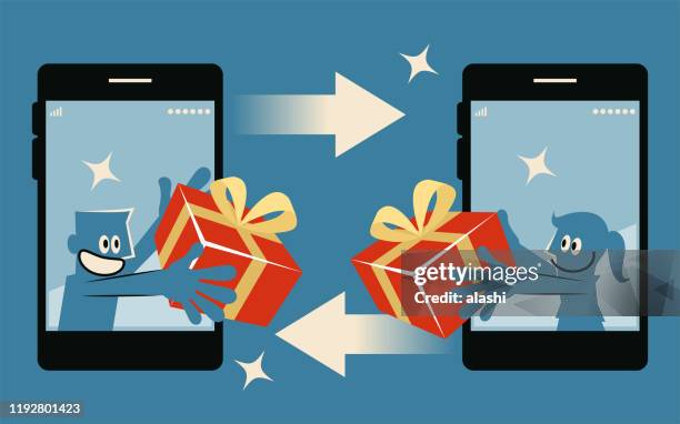 man and woman show up from big mobile phone screen, exchanging gift boxes - gift exchange stock illustrations