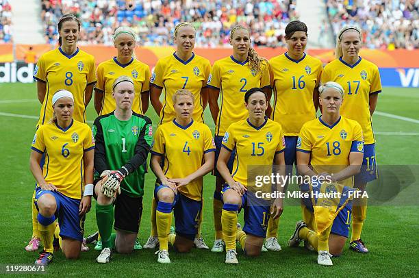 The Sweden team lines up for a team photo prior to the FIFA Women's World Cup 2011 3rd Place Playoff between Sweden and France at Rhein-Neckar-Arena...