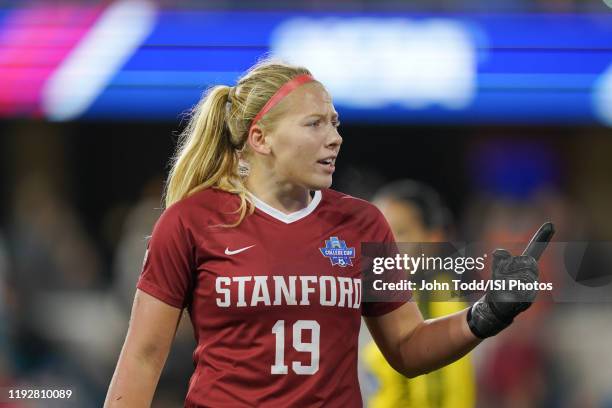 Stanford Cardinal goalkeeper Katie Meyer during a game between UNC and Stanford Soccer W at Avaya Satdium on December 8, 2019 in San Jose,...