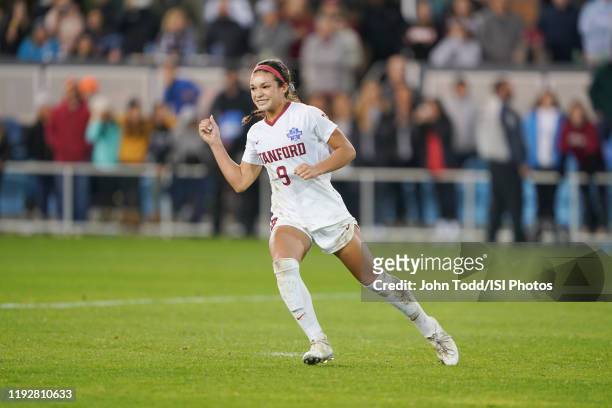 Sophia Smith of the Stanford Cardinal celebrates during a game between UNC and Stanford Soccer W at Avaya Satdium on December 8, 2019 in San Jose,...