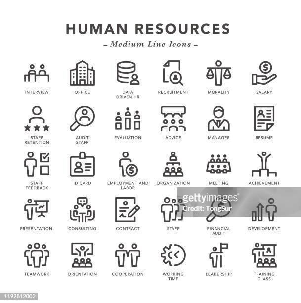 ilustraciones, imágenes clip art, dibujos animados e iconos de stock de recursos humanos - iconos de línea media - employee benefits