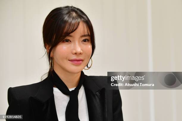 Shin-Ae Ahn of South Korea is interviewed during the Japanese LPGA New Members Welcome Ceremony at X-wave Fuchu on December 09, 2019 in Fuchu, Japan.