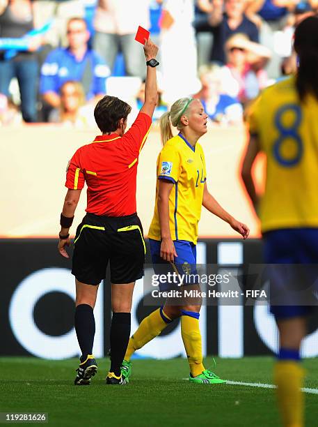 Josefine Oqvist of Sweden is sent off by referee Kari Seitz during the FIFA Women's World Cup 2011 3rd Place Playoff between Sweden and France at...