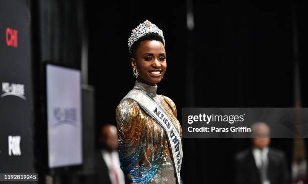 Miss Universe 2019 Zozibini Tunzi, of South Africa, appears at a press conference following the 2019 Miss Universe Pageant at Tyler Perry Studios on...
