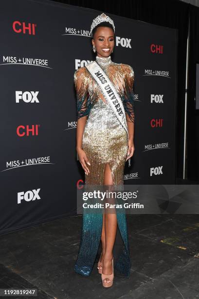 Miss Universe 2019 Zozibini Tunzi, of South Africa, appears at a press conference following the 2019 Miss Universe Pageant at Tyler Perry Studios on...