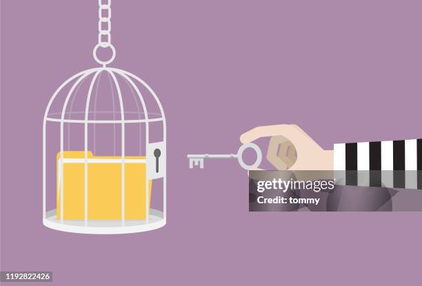 a thief with a key unlocks a data file from a cage - open folder icon stock illustrations