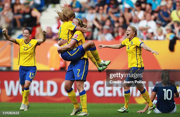 Player of Sweden celebrates after winning the FIFA Women's 3rd Place Playoff match between Sweden and France at Rhein-Neckar Arena on July 16, 2011...
