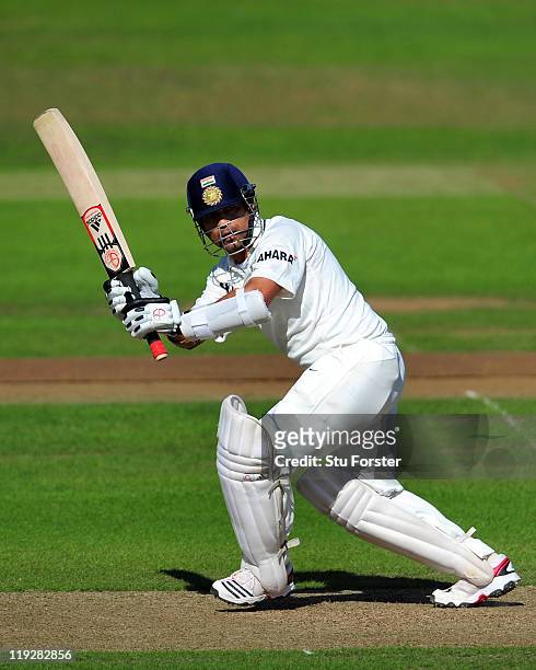 India batsman Sachin Tendulkar in action during day two of the tour match between Somerset and India at the county ground on July 16, 2011 in...