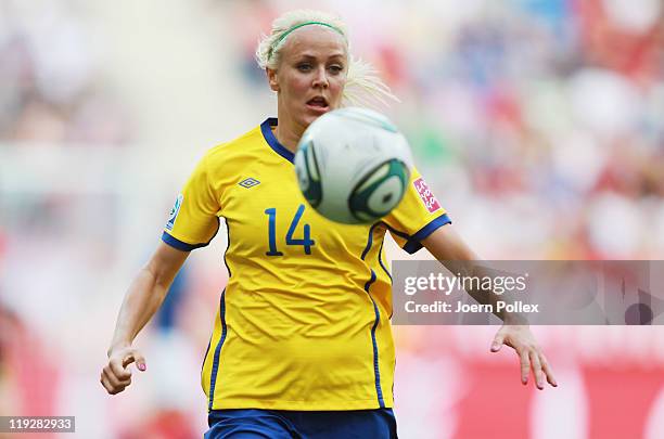 Josefine Oqvist of Sweden controls the ball during the FIFA Women's 3rd Place Playoff match between Sweden and France at Rhein-Neckar Arena on July...