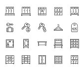 Locker room flat line icons set. Gym, school lockers, automatic left-luggage office, key tag vector illustrations. Outline pictogram personal belongings storage. Pixel perfect 64x64. Editable Strokes