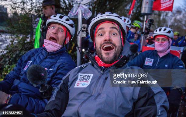 Gareth Thomas , Thom Evans and Shane Williams looking shocked at the thought of riding 500 miles on the Tour de Trophy cycling from Cardiff to the...