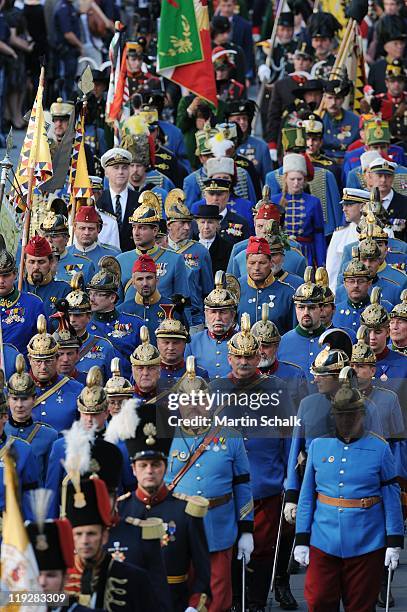 The funeral cortege during the funeral ceremony for Otto von Habsburg makes its way through downtown district on July 16, 2011 in Vienna, Austria....