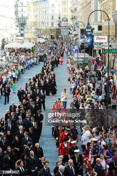 The cortege during the funeral ceremony for Otto von Habsburg in makes it's way through the downtown district on July 16, 2011 in Vienna, Austria....